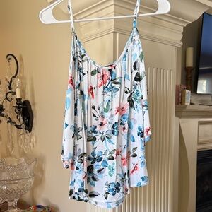 Sanctuary Floral Cold-Shoulder Tank Top in White, Blue & Pink